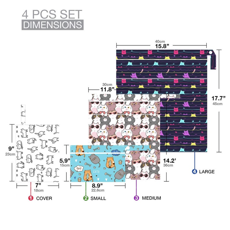 FLOCK THREE 4pcs Waterproof and Reusable Wet Bag Diaper Stroller Water Resistant Swimsuit Travel Toiletries Yoga Gym Washable Carrier Small Medium Large Cat 4 Pack - Image 2